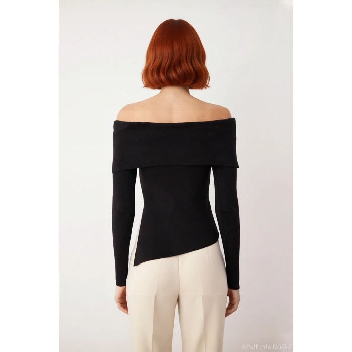 Kadın Premium İplik Fitted Carmen Yaka İnce Triko Uzun Kol Düz Kazak İlkbahar Sonbahar İçin Modern