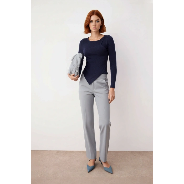 Kadın Premium İplik Lacivert Triko Kazak Şık Fitted Asimetrik Detaylı İlkbahar Sonbahar Kaliteli