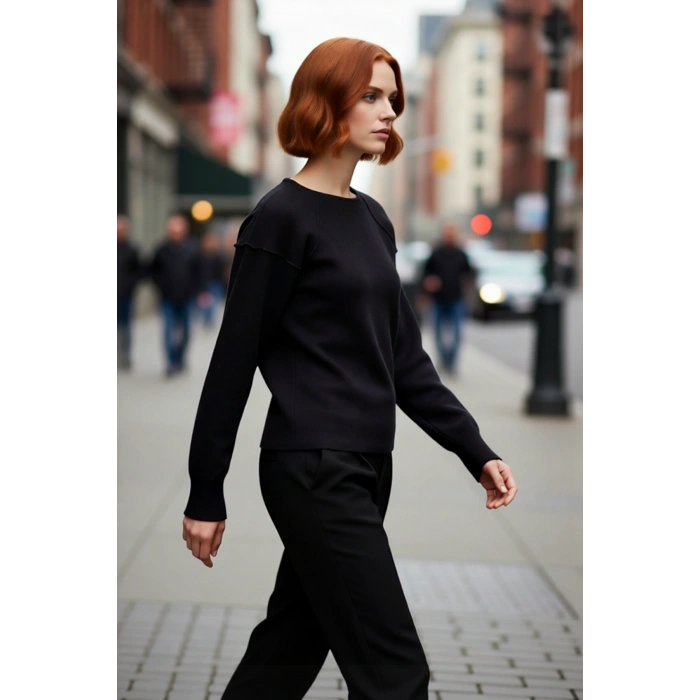 Kadın Premium İplikli Bisiklet Yaka Düz Dokuma Rahat Triko Kazak Günlük Şıklık Sunuyor Kaliteli