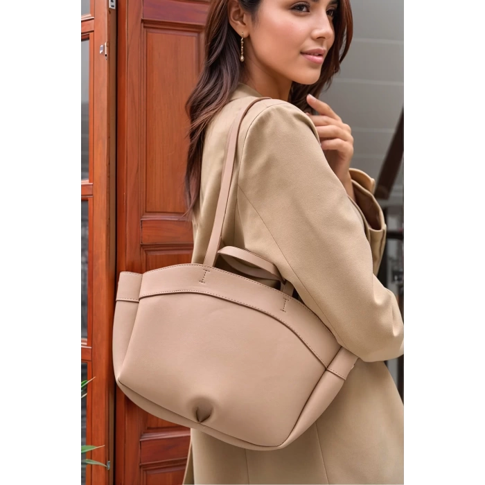 Kadın PU Deri Suni Süet Geniş Shopper Çanta Fermuarlı El ve Omuz Askılı Premium Kalite Uzun Ömürlü