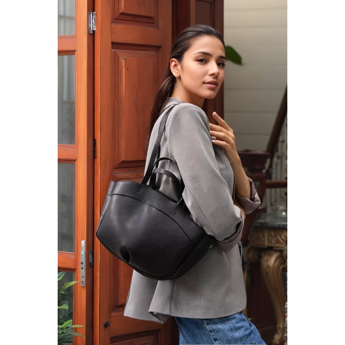 Kadın PU Deri Suni Süet Geniş Shopper Çanta Fermuarlı El ve Omuz Askılı Premium Kalite Uzun Ömürlü