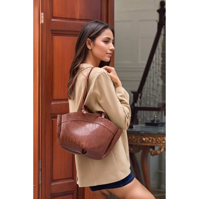 Kadın PU Deri Suni Süet Geniş Shopper Çanta Fermuarlı El ve Omuz Askılı Premium Kalite Uzun Ömürlü