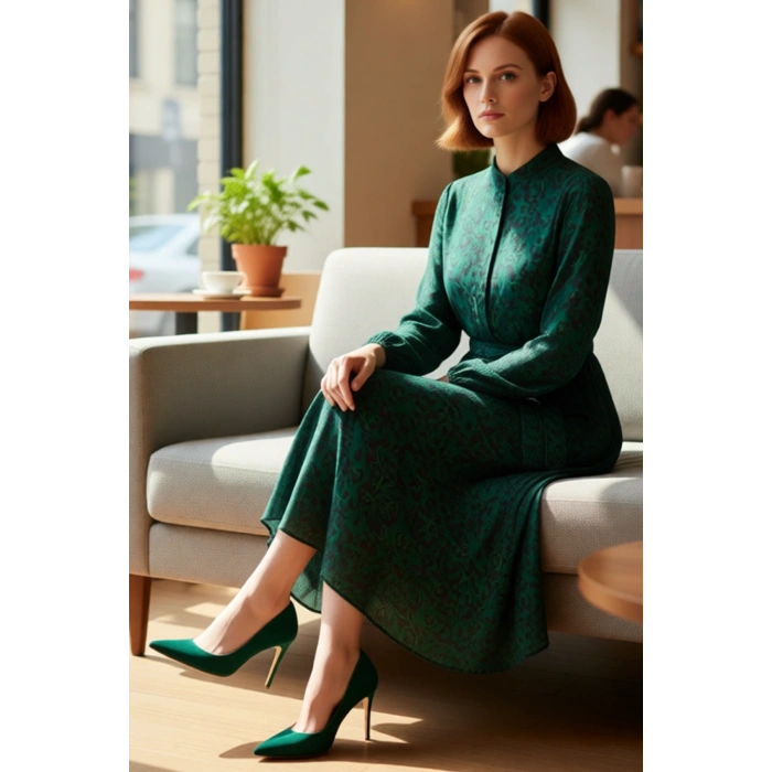 Kadın Puantiye Desenli Kuşaklı A line Şifon Maxi Elbise Dik Yaka Uzun Kollu Rahat Günlük Stil