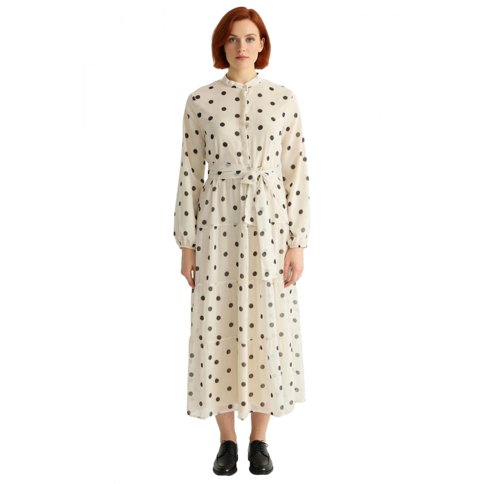 Kadın Puantiye Desenli Kuşaklı A line Şifon Maxi Elbise Dik Yaka Uzun Kollu Rahat Günlük Stil