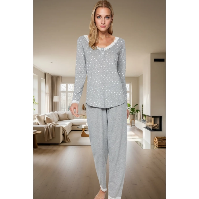 Kadın Puantiyeli Dantelli Pijama Takımı Rahat Pamuklu Örme Kışlık Şık Görünüm Dayanıklı Malzeme