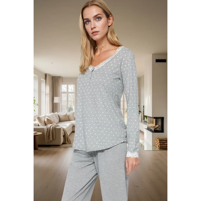 Kadın Puantiyeli Dantelli Pijama Takımı Rahat Pamuklu Örme Kışlık Şık Görünüm Dayanıklı Malzeme