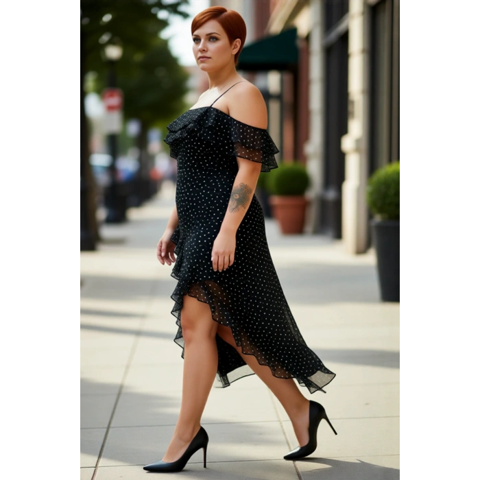 Kadın Puantiyeli Desenli A Line Kesim Kare Yaka İnce Askılı Fırfırlı Maxi Boy Elbise Yaz Stili