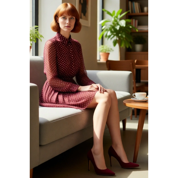 Kadın Puantiyeli Dokuma Şifon Kuşaklı Astarlı Yarım Pat Düğmeli Skater Mini Elbise Kaliteli