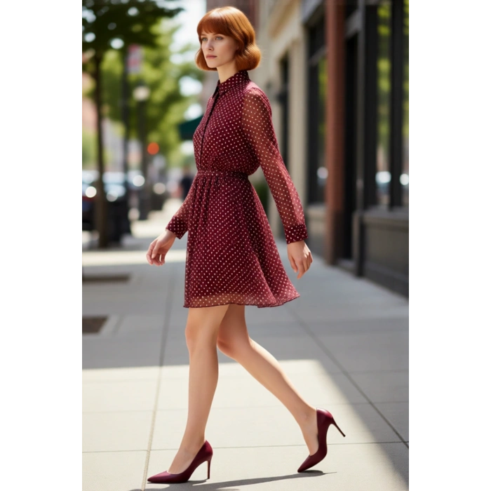 Kadın Puantiyeli Dokuma Şifon Kuşaklı Astarlı Yarım Pat Düğmeli Skater Mini Elbise Kaliteli