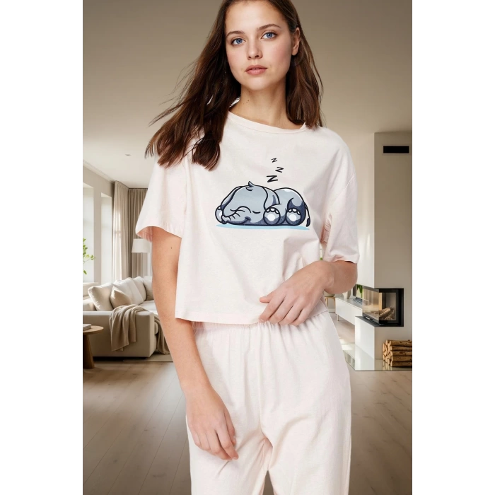 Kadın Pudra Fil Baskılı Pamuklu Regular Pijama Takımı Özenle Seçilmiş Dayanıklı Malzeme Rahat Kullanım