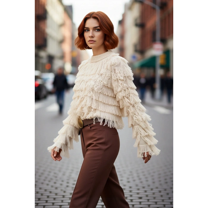 Kadın Püsküllü Dokulu Triko Kazak Regular Kalıp Bisiklet Yaka Kış Şıklığı İçin İdeal Seçim