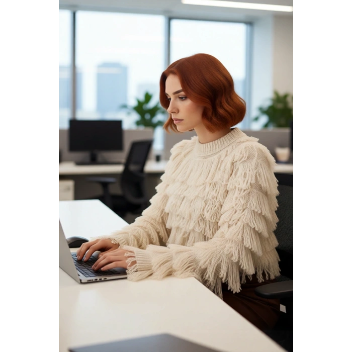 Kadın Püsküllü Dokulu Triko Kazak Regular Kalıp Bisiklet Yaka Kış Şıklığı İçin İdeal Seçim