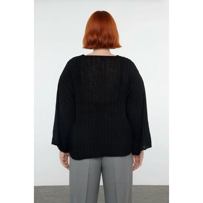 Kadın Rahat Düşük Kol V Yaka Triko Kazak Şık Düz Fitilli Regular Kalıp İlkbahar Sonbahar Kombini