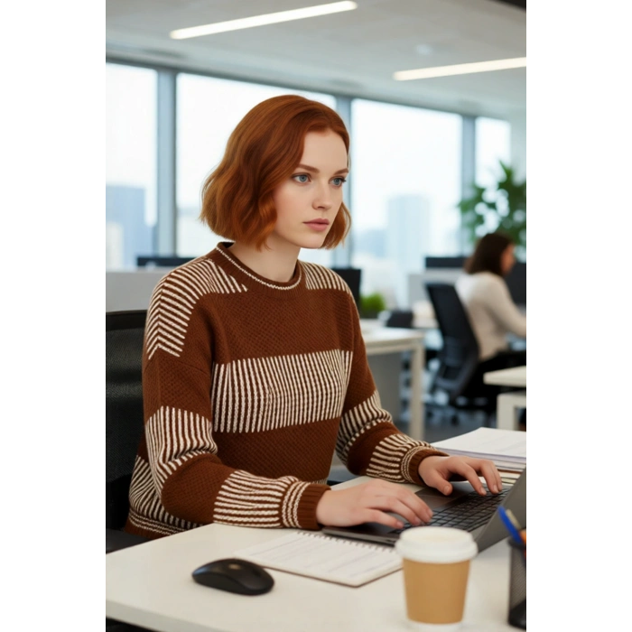 Kadın Rahat Kalıp Düşük Kol Bisiklet Yaka Renk Bloklu Akrilik Triko Kazak Günlük Kullanım Şıklığı.