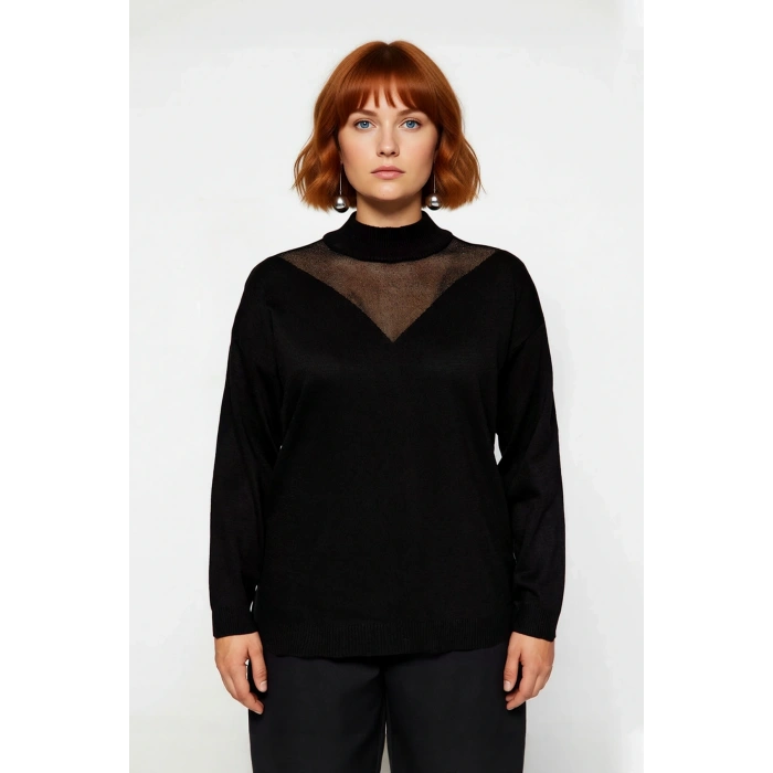 Kadın Rahat Kalıp Düz Triko Kazak Dik Yaka Uzun Kollu Tül Detaylı Günlük Şıklık İçin İdeal Seçim