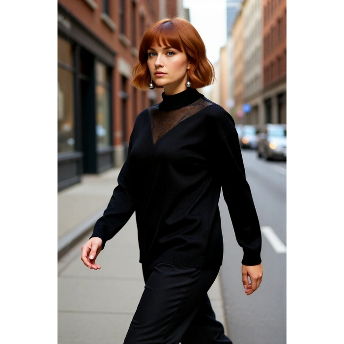 Kadın Rahat Kalıp Düz Triko Kazak Dik Yaka Uzun Kollu Tül Detaylı Günlük Şıklık İçin İdeal Seçim