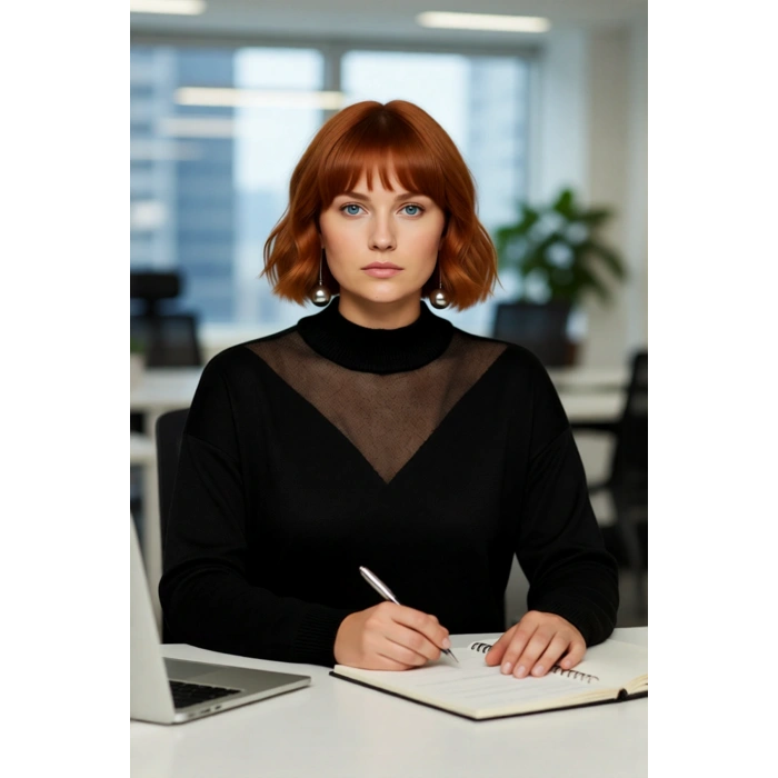 Kadın Rahat Kalıp Düz Triko Kazak Dik Yaka Uzun Kollu Tül Detaylı Günlük Şıklık İçin İdeal Seçim