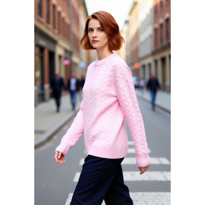 Kadın Rahat Kalıp Saç Örgü Detaylı Bisiklet Yaka Triko Kazak Soğuk Havalar İçin Şık Ve Konforlu