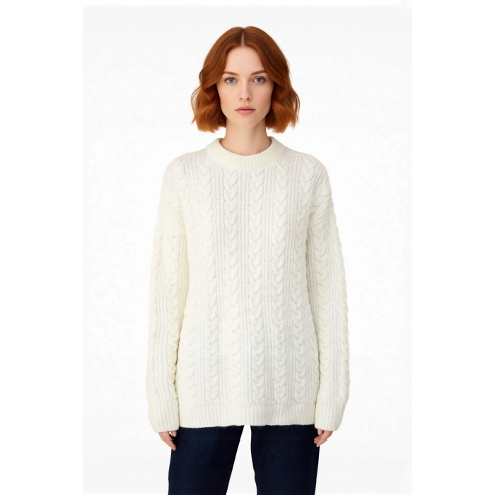 Kadın Rahat Kalıp Saç Örgü Detaylı Bisiklet Yaka Triko Kazak Soğuk Havalar İçin Şık Ve Konforlu