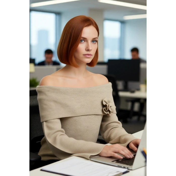 Kadın Rahat Kesim Carmen Yaka Gül Detaylı Triko Kazak Şık Basic Çan Kol Tasarımı İle Konfor