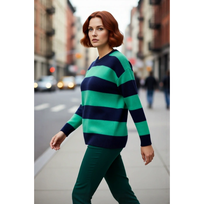 Kadın Rahat Kesim Çizgili Bisiklet Yaka Triko Kazak Uzun Kollu Soğuk Hava İçin İdeal Kaliteli