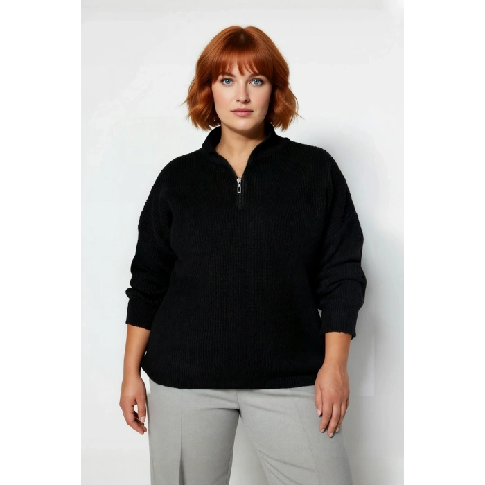 Kadın Rahat Kesim Düz Dokulu Dik Yaka Fermuarlı Uzun Kollu Akrilik Triko Kazak Kışlık Stil