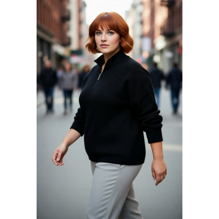 Kadın Rahat Kesim Düz Dokulu Dik Yaka Fermuarlı Uzun Kollu Akrilik Triko Kazak Kışlık Stil