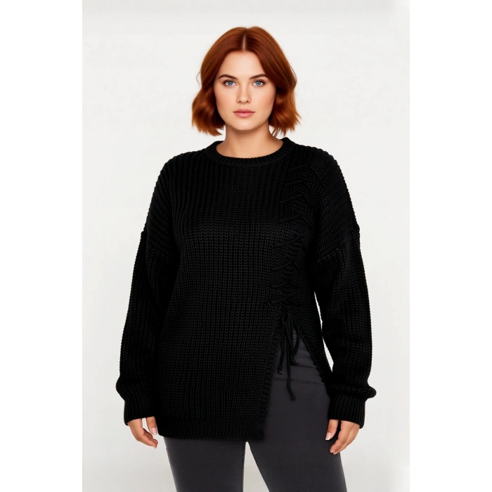 Kadın Rahat Kesim Gri Bağcık Detaylı Selanik Örgü Kışlık Triko Kazak Düşük Kol Stiliyle Kaliteli