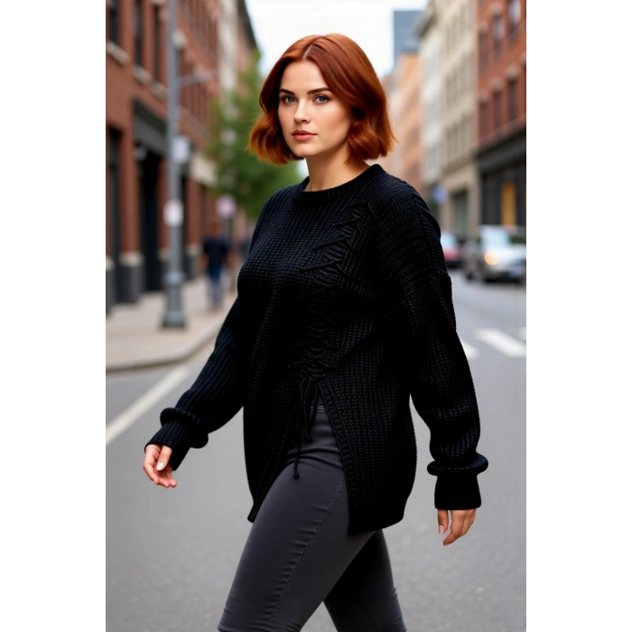 Kadın Rahat Kesim Gri Bağcık Detaylı Selanik Örgü Kışlık Triko Kazak Düşük Kol Stiliyle Kaliteli