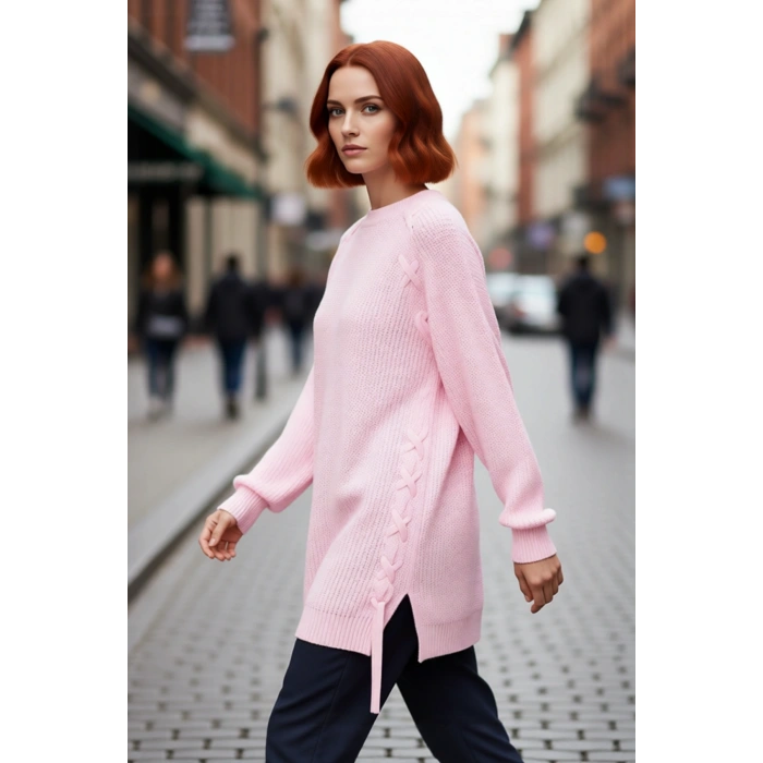 Kadın Rahat Kesim Reglan Kol Örgü Detaylı Selanik Dokuma Bisiklet Yaka Akrilik Triko Kazak