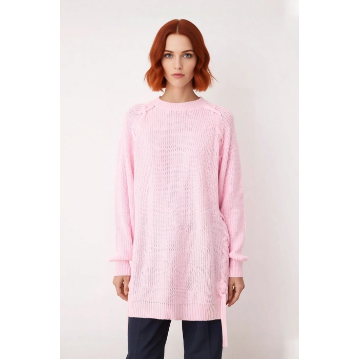 Kadın Rahat Kesim Reglan Kol Örgü Detaylı Selanik Dokuma Bisiklet Yaka Akrilik Triko Kazak