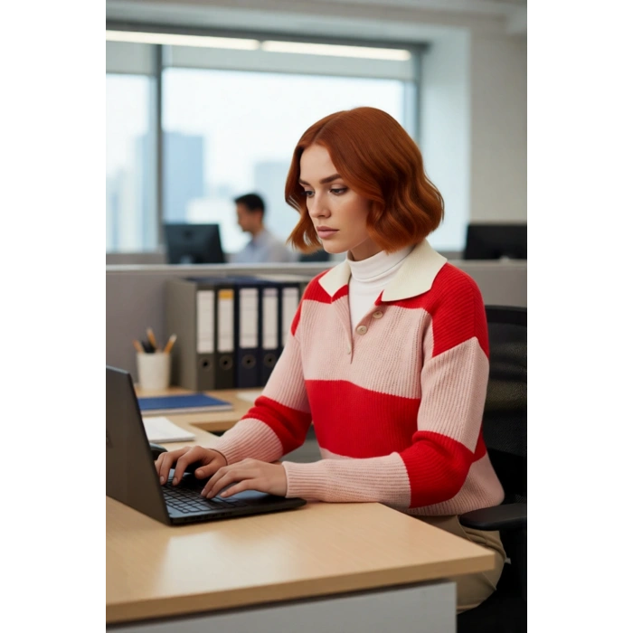 Kadın Rahat Kesim Renk Bloklu Polo Yaka Triko Kazak Soğuk Havalarda Şık ve Konforlu Seçim Kaliteli