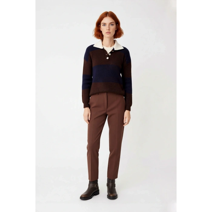 Kadın Rahat Kesim Renk Bloklu Polo Yaka Triko Kazak Soğuk Havalarda Şık ve Konforlu Seçim Kaliteli