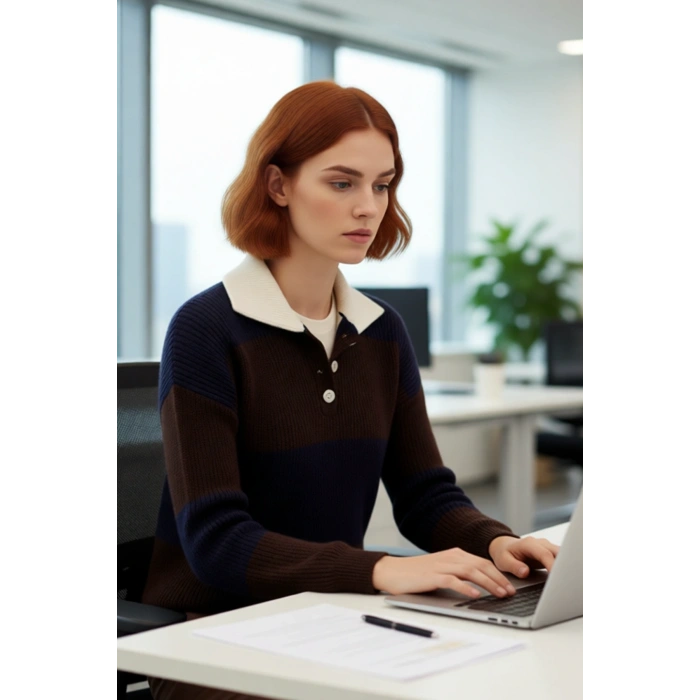 Kadın Rahat Kesim Renk Bloklu Polo Yaka Triko Kazak Soğuk Havalarda Şık ve Konforlu Seçim Kaliteli