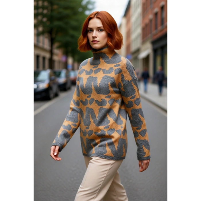 Kadın Rahat Kesim Yüksek Yaka Akrilik Triko Kazak Şık Desenleriyle Günlük Kombinlerinize Uyumlu