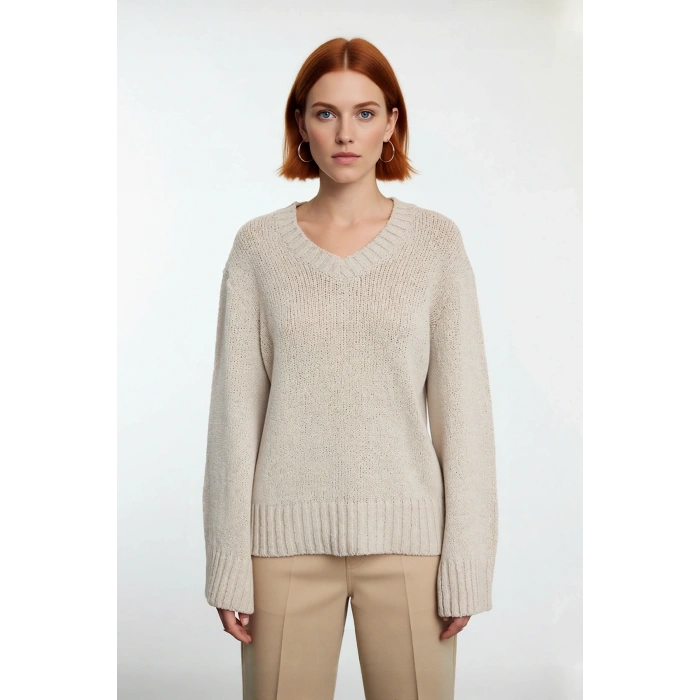 Kadın Rahat Oversize V Yaka Triko Kazak Pamuk Polyester Karışımı Uzun Kollu Kışlık Günlük Şıklık