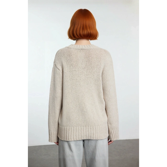 Kadın Rahat Oversize V Yaka Triko Kazak Pamuk Polyester Karışımı Uzun Kollu Kışlık Günlük Şıklık