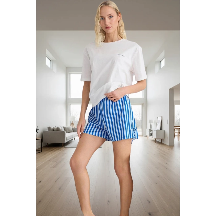 Kadın Rahat Pamuklu Çizgili Pijama Takımı Bisiklet Yaka Bağlamalı Detaylar Yazlık Modern Stil