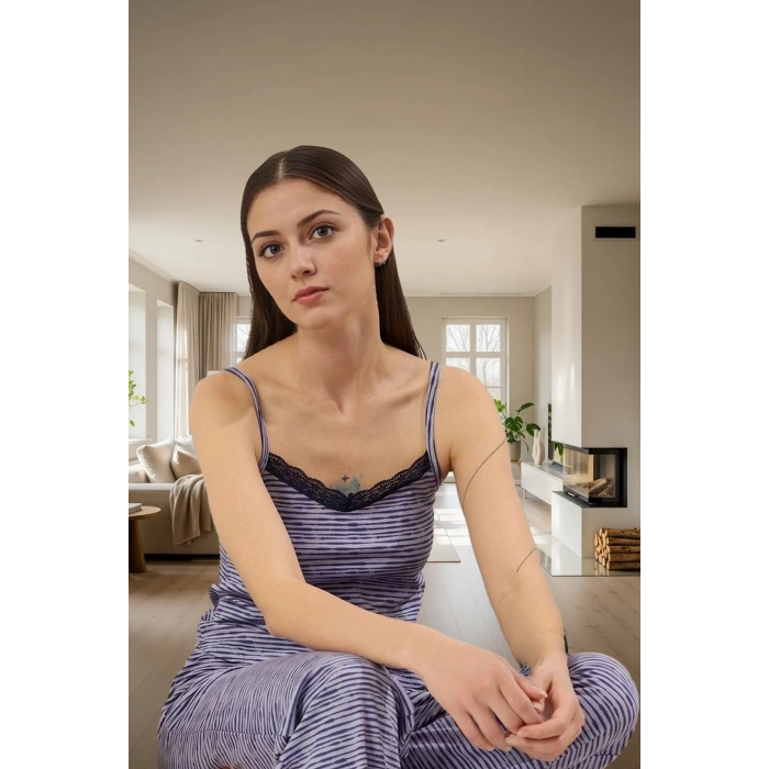 Kadın Rahat Pamuklu Çizgili Pijama Takımı İnce Askılı V Yaka Homewear Uzun Ömürlü Özel Tasarım