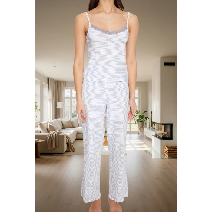 Kadın Rahat Pamuklu Çizgili Pijama Takımı İnce Askılı V Yaka Homewear Uzun Ömürlü Özel Tasarım