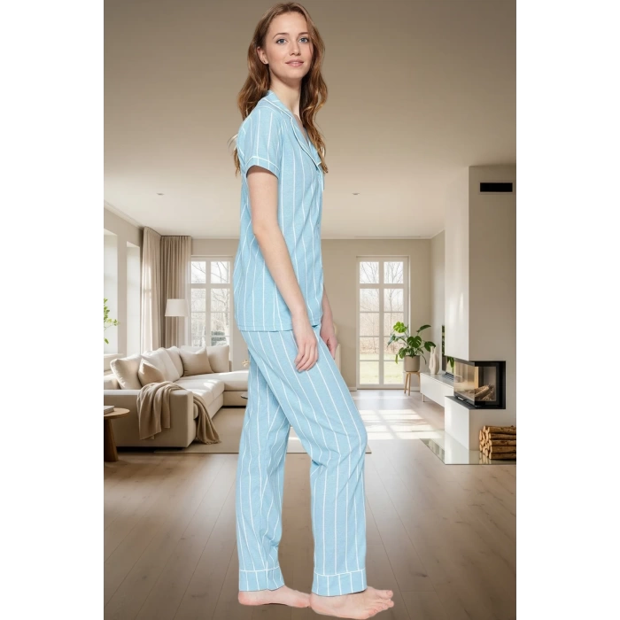 Kadın Rahat Pamuklu Örme Pijama Takımı Çizgili Desenli Uyku Bantlı Zarif Tasarım Konforlu Kesim