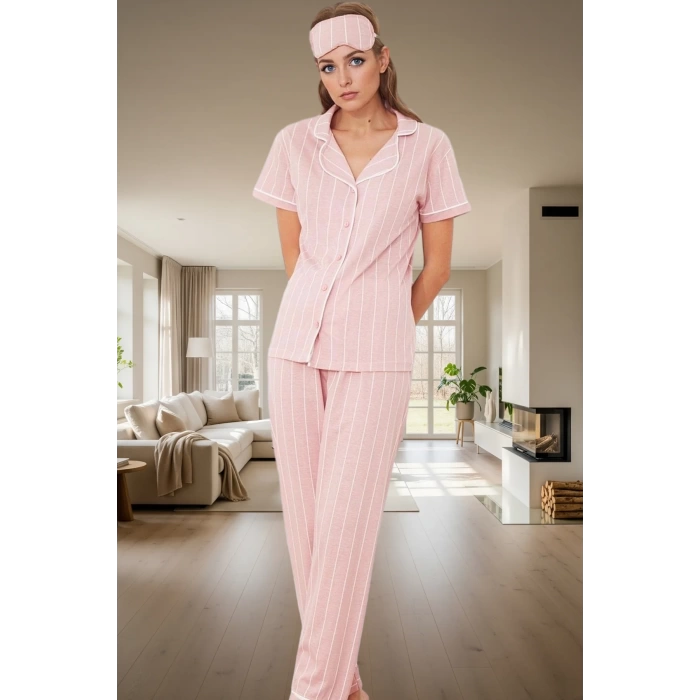 Kadın Rahat Pamuklu Örme Pijama Takımı Çizgili Desenli Uyku Bantlı Zarif Tasarım Konforlu Kesim