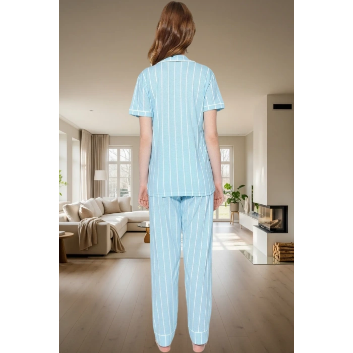 Kadın Rahat Pamuklu Örme Pijama Takımı Çizgili Desenli Uyku Bantlı Zarif Tasarım Konforlu Kesim