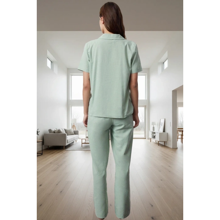 Kadın Rahat Pamuklu Pijama Takımı Kısa Kollu Gömlek Yaka Geniş Paça Ev Giyim Günlük Kullanım İçin