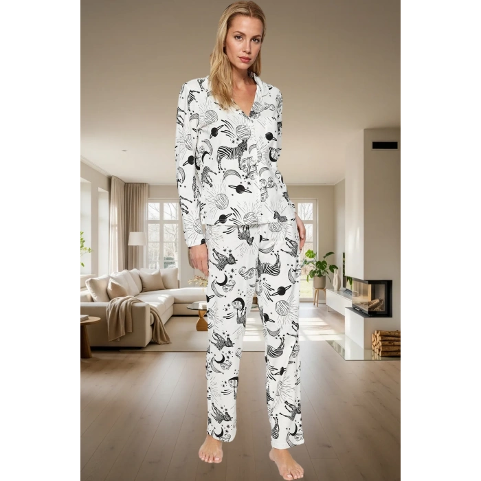 Kadın Rahat Pamuklu Uzun Kollu Zebra Desenli Pijama Takımı Zarif Tasarım Konforlu Kesim Kullanım