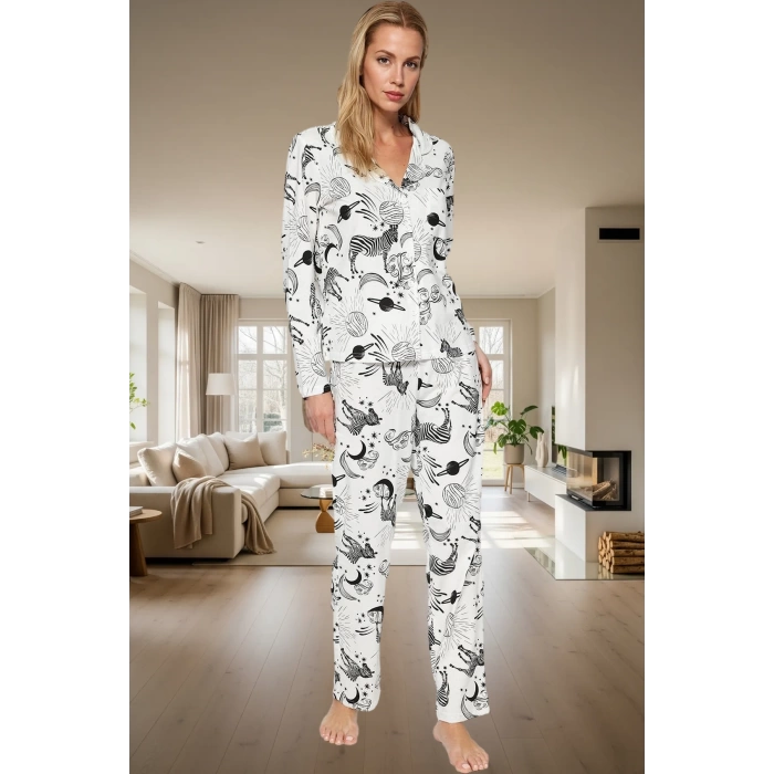Kadın Rahat Pamuklu Uzun Kollu Zebra Desenli Pijama Takımı Zarif Tasarım Konforlu Kesim Kullanım