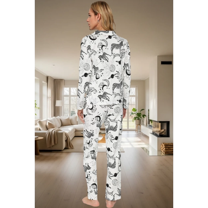 Kadın Rahat Pamuklu Uzun Kollu Zebra Desenli Pijama Takımı Zarif Tasarım Konforlu Kesim Kullanım