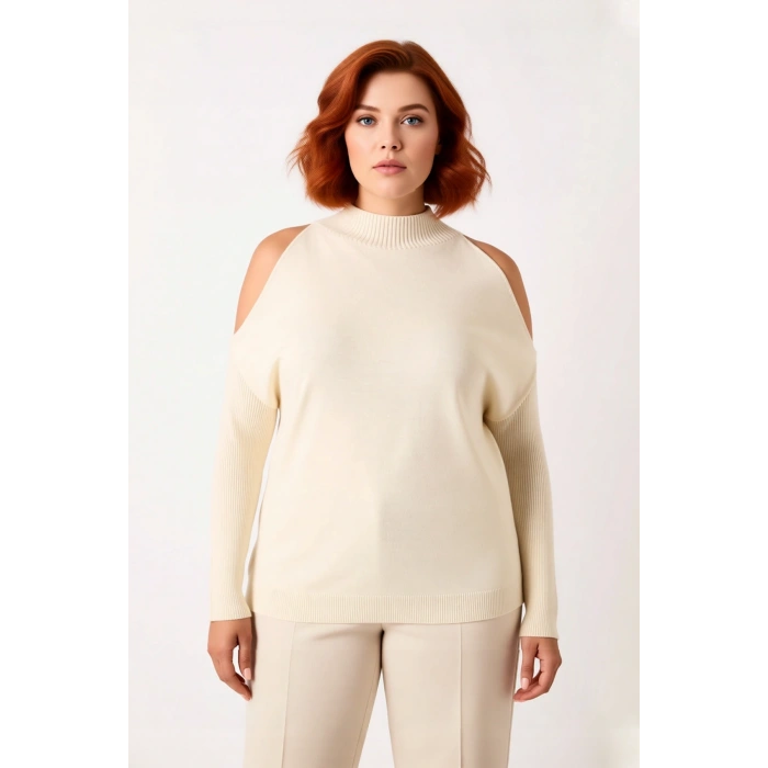 Kadın Rahat Relaxed Kalıp Dik Yaka Düşük Kollu Omzu Açık Detaylı Trend Akrilik Triko Kazak