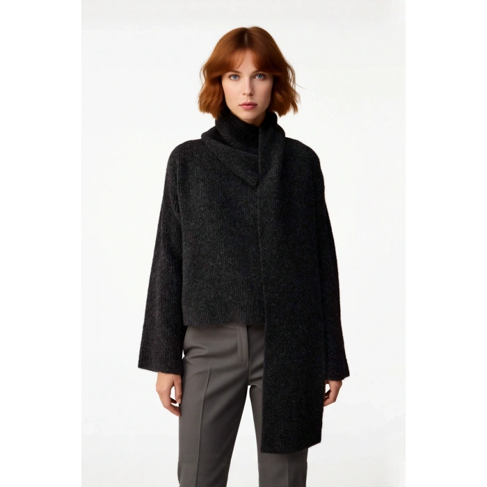 Kadın Rahat Şal Yaka Düşük Kol Kalın Triko Kazak Gri Kış Sezonu Crop Boy Günlük Kullanım Kaliteli