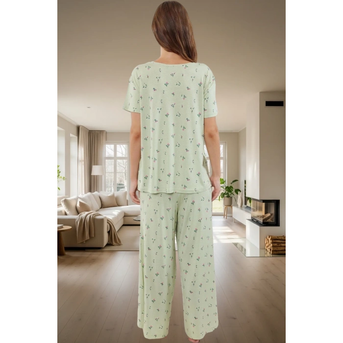 Kadın Rahat V Yaka Kısa Kollu Viskoz Pijama Takımı Geniş Paça Dayanıklı Malzeme Ve Şık